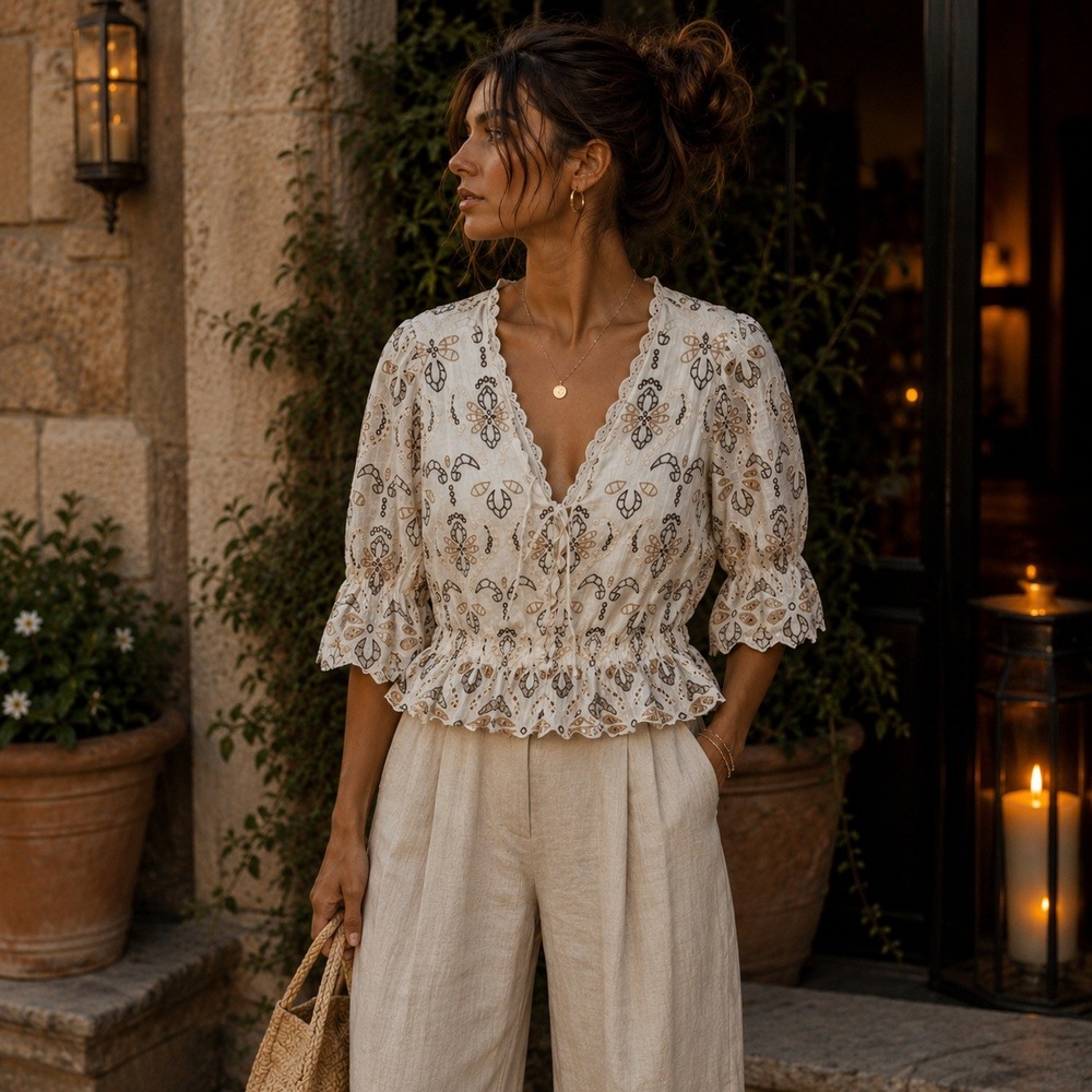 Cream Embroidered Eyelet Peplum Blouse V-Neck Puff Sleeve Medium Romantic